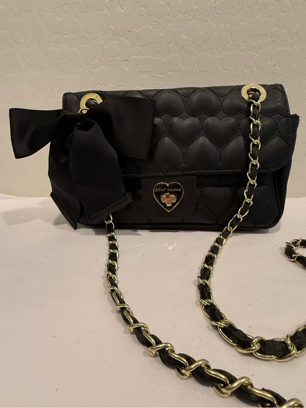 BETSEY JOHNSON Black Heart Quilted Bow Flap Crossbody Shoulder Bag